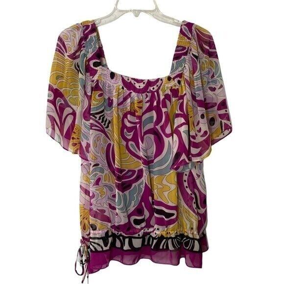 Nicole Miller Wms L Retro Colorful Print Blouse Flounce Hem W/ Cami Boho Peasant - Picture 2 of 10